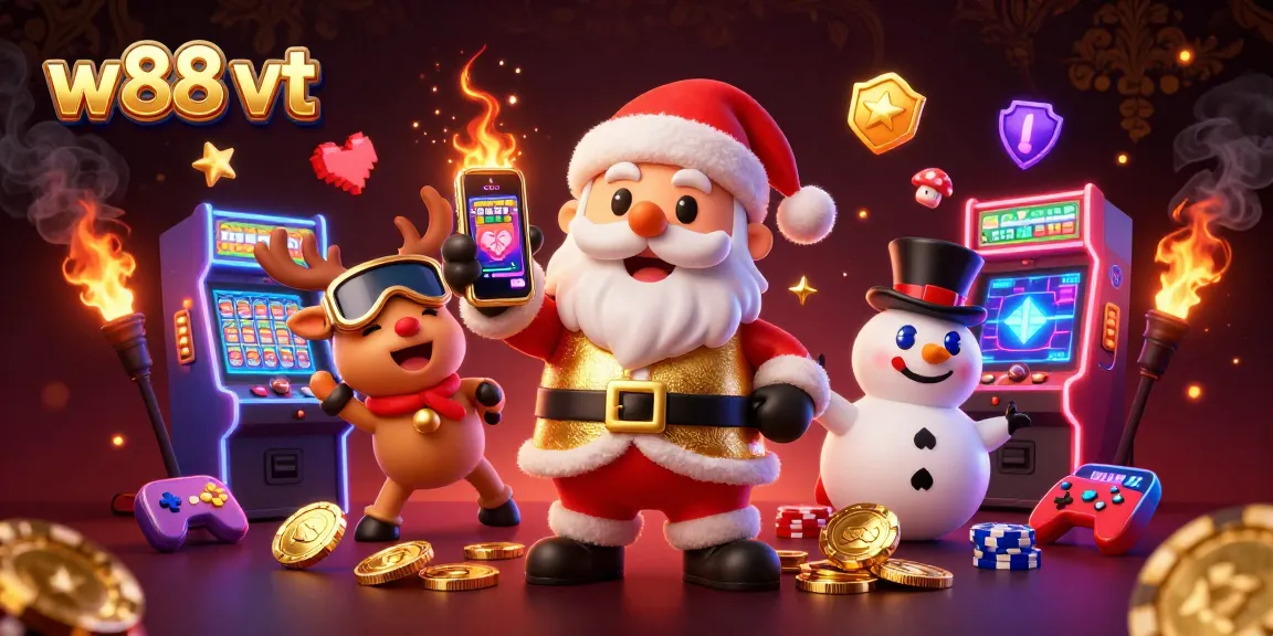 Trải nghiệm cá cược tại W88 VT với hình ảnh sống động của Santa Claus và bạn bè cùng các máy game kỳ thú.