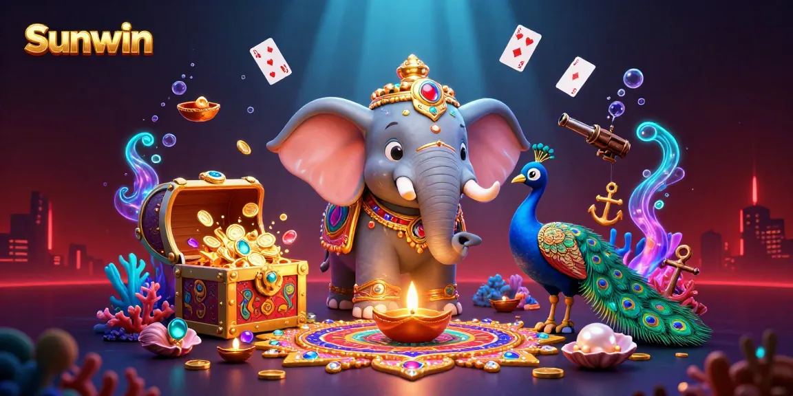 Experience the thrills of Sunwin with vibrant graphics featuring a playful elephant amidst dynamic casino elements.