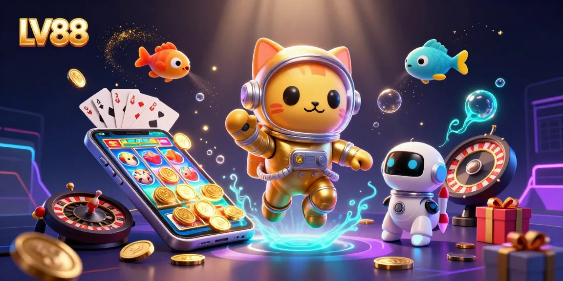 Experience thrilling gaming adventures at LV88 with a 3D cat astronaut and vibrant casino elements.