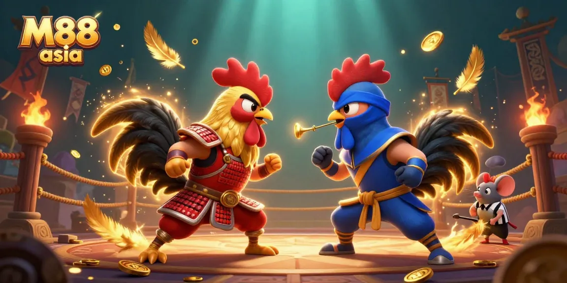Engage in thrilling cockfighting with M88 asia's dramatic 3D illustration featuring battling roosters.