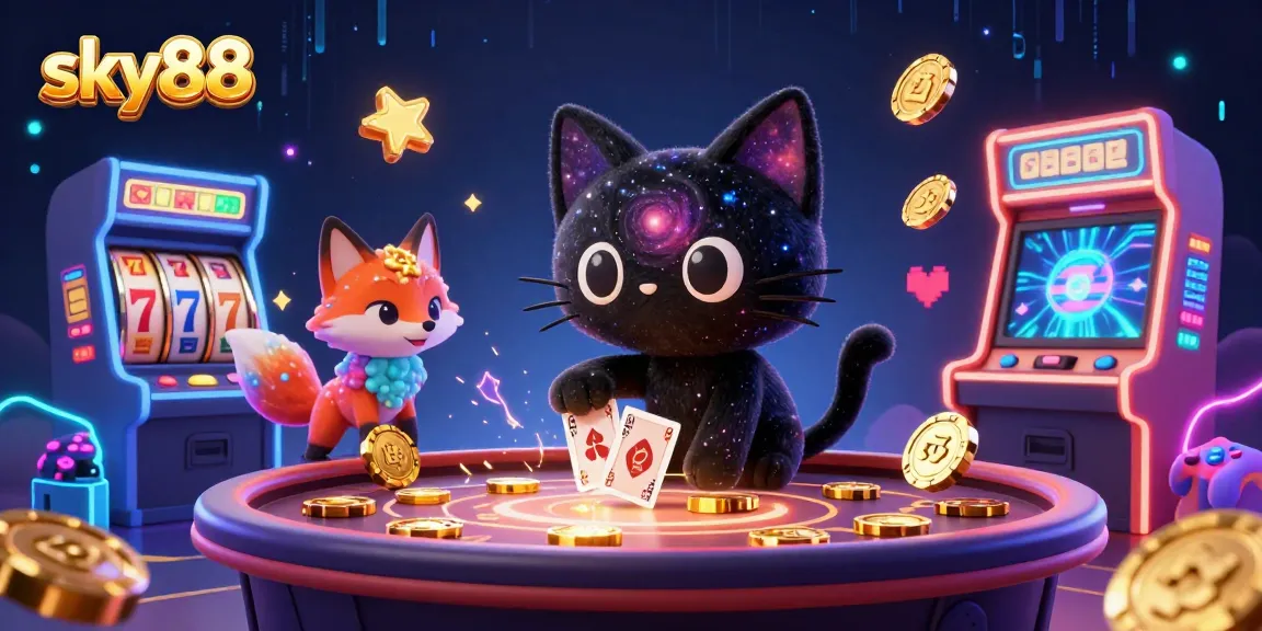 Sky88 engages players at a cosmic casino table overflowing with winnings and vibrant game elements.