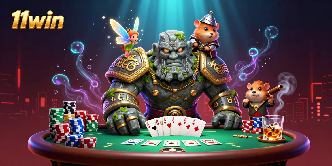 Experience thrilling poker action with 11win's enchanting characters and casino elements in a vibrant illustration.