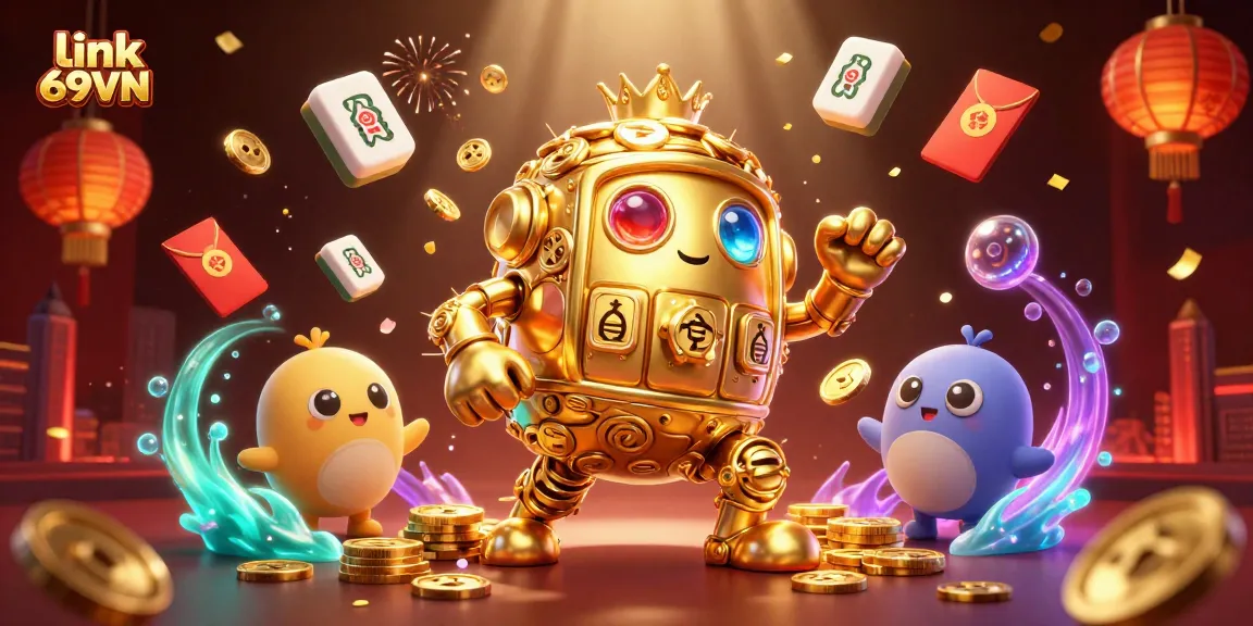 Experience thrilling gameplay with a golden golem and festive elements in link 69VN casino illustration.